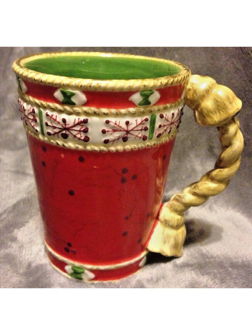 Christmas Mug Studio Nova 3D Handle Woodland Holly Santa Red Green 8 Oz Cocoa